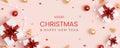 Christmas banner. Background Xmas design of sparkling lights garland, with realistic gifts box, glitter gold confetti Royalty Free Stock Photo