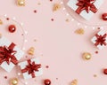 Christmas banner. Background Xmas design of sparkling lights garland, with realistic gifts box, glitter gold confetti Royalty Free Stock Photo