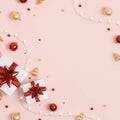 Christmas banner. Background Xmas design of sparkling lights garland, with realistic gifts box, glitter gold confetti Royalty Free Stock Photo