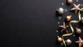 Christmas banner. Black Xmas background with elegant decorations, tinsel, stars, balls. Christmas frame, greeting card template, Royalty Free Stock Photo