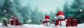 Christmas banner with blank space for text, snowman celebrate with giftboxes, fir tree branches and red ornaments green background Royalty Free Stock Photo