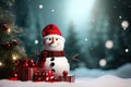 Christmas banner with blank space for text, snowman celebrate with giftboxes, fir tree branches and red ornaments green background Royalty Free Stock Photo