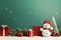 Christmas banner with blank space for text, snowman celebrate with giftboxes, fir tree branches and red ornaments green background Royalty Free Stock Photo