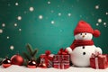 Christmas banner with blank space for text, snowman celebrate with giftboxes, fir tree branches and red ornaments green background Royalty Free Stock Photo