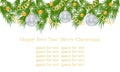 Christmas banner, card with Christmas tree branches, Christmas balls, gold chains and ornaments, white snowflakes