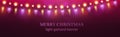 Christmas banner. Colorful light garlands. Xmas horizontal background. Realistic bulbs, holiday illuminating. Glowing