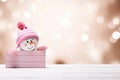 Christmas banner with cute happy snowman peek out of blank banner. Holiday pink background, winter landscape. Festive