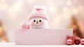 Christmas banner with cute happy snowman peek out of blank banner. Holiday pink background, winter landscape. Festive