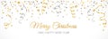 Christmas banner with decoration. Falling confetti, festive border.