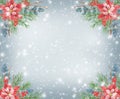 Christmas banner with decorative  ornament with poinsettia, greenery, spruce, pine tree twig and holly berries against background Royalty Free Stock Photo