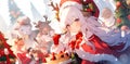 Christmas banner design - little girl with present, eating cake, comic anime character, cartoon style