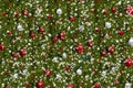 Christmas banner design. Merry Xmas and Happy New Year cover concept. Green fir tree branches, red and white baubles, stars, and s Royalty Free Stock Photo
