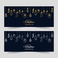 Christmas banner with elegant background and Christmas ornaments. Christmas dark background. Xmas glossy golden and silver socks Royalty Free Stock Photo