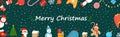 Christmas banner. Festive background with mittens, toy, candy cane, gift, snowflake, sweater, llama, garland