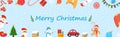 Christmas banner. Festive background with mittens, toy, candy cane, gift, snowflake, sweater, llama, garland