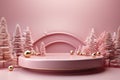 Gently pink Christmas abstract background with fir trees, golden balls and podium. Pink 3D podium, Christmas banner