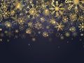 Christmas banner with glitter gold snowflakes, glowing lights and stars. Luxury card with falling particles and