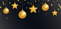 Christmas banner with golden balls, stars and falling confetti. Luxury hanging baubles with ribbon. Gold glass xmas toys Royalty Free Stock Photo