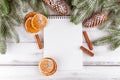 Christmas banner with green tree, cones, handmade felt decorations, orange and cinnamon on white wooden background. Empty space fo Royalty Free Stock Photo