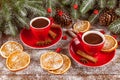 Autumn horizontal banner with yellow, red leaves, pumpkins, cup of coffee and guelder rose on brown wooden background. Concept for Royalty Free Stock Photo