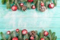 Christmas banner with green tree, red and white handmade felt decorations on white wooden textured background Royalty Free Stock Photo