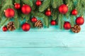 Christmas banner with green tree, red and white handmade felt decorations on white wooden textured background Royalty Free Stock Photo