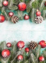 Christmas banner with green tree, red and white handmade felt decorations on white wooden textured background Royalty Free Stock Photo