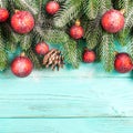 Christmas banner with green tree, red and white handmade felt decorations on white wooden textured background Royalty Free Stock Photo