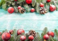 Christmas banner with green tree, red and white handmade felt decorations on white wooden textured background Royalty Free Stock Photo