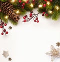 Art Christmas banner or greeting cards design. Background Xmas of sparkling lights garland, with holidays gifts and Christmas Royalty Free Stock Photo