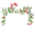 Greenery wreath banner with hand drawn watercolor winter evegreen plants and red berries with place for text. Royalty Free Stock Photo