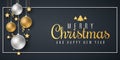 Christmas banner. Hanging golden stars with festive balls on a dark background. Serpentine and confetti. Stylish lettering in Royalty Free Stock Photo