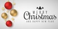 Christmas banner. Hanging golden stars with red balls on a white background. Stylish lettering. Poster for your design. Vector Royalty Free Stock Photo