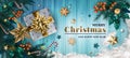 Christmas banner. Holiday gift and fir branches. Blue background new year decoration card, golden ribbon, wrapped