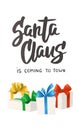 Christmas banner with holiday presents. Santa is coming text. Royalty Free Stock Photo