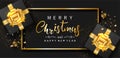 Christmas banner. Merry Christmas and Happy New year. Gift box decorated with gold bow, frame, balls, and confetti. Royalty Free Stock Photo