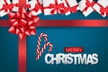 Christmas banner. Merry Xmas holiday background design. Candy cane, white gift boxes with red bows, and lettering. Royalty Free Stock Photo