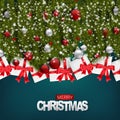 Christmas banner, Merry Xmas holiday background design. Fir tree branches with red and white balls and presents Royalty Free Stock Photo