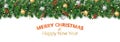 Christmas banner with pine tree garland. Vector decoration with gold and silver ornaments Royalty Free Stock Photo