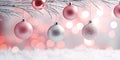 Christmas banner with pink and silver tree bauble ornaments and snow covered tree Royalty Free Stock Photo