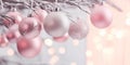 Christmas banner with pink and silver tree bauble ornaments and snow covered tree Royalty Free Stock Photo