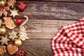 Christmas banner. Plaid tablecloth and Xmas cookies. Copy space, mock up