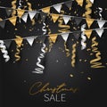 Christmas banner or poster background. Xmas celebration black luxury design. Winter holiday concept swith confetti and bunting fla