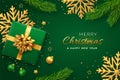 Christmas banner. Realistic gift box with golden bow, shining snowflake, gold stars, pine branches, confetti, balls. Xmas green Royalty Free Stock Photo