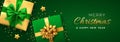 Christmas banner. Realistic gift boxes with green and golden bow, gold stars and glitter confetti. Xmas background, horizontal Royalty Free Stock Photo