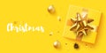 Christmas banner. With realistic gifts box, glitter gold confetti. Horizontal christmas poster, greeting cards, headers, website.