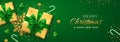 Christmas banner. Realistic gold gift boxes with green bow, gold stars, shiny golden snowflake, balls and candy canes. Xmas green Royalty Free Stock Photo