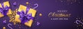 Christmas banner. Realistic gold gift boxes with purple bow, gold stars, shiny golden snowflake, balls and candy canes. Xmas green Royalty Free Stock Photo