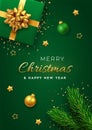 Christmas banner. Realistic green gift box with golden bow, pine branches, gold stars and glitter confetti, balls bauble. Xmas Royalty Free Stock Photo