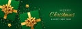 Christmas banner. Realistic green gift boxes with golden bow, gold stars and glitter confetti. Xmas background, horizontal Royalty Free Stock Photo